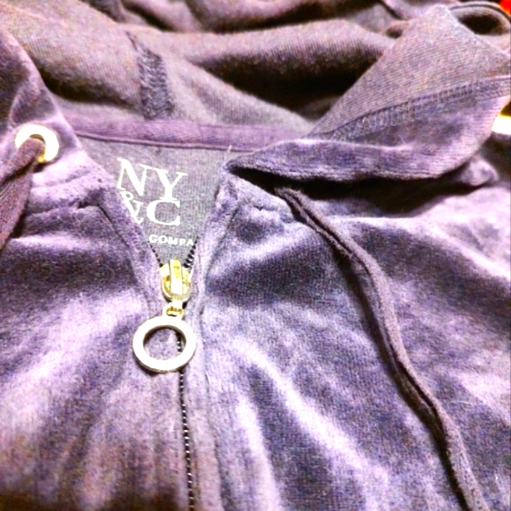 💜🍇💜 Awesome Cozy Rhinestone Deep Grape Purple Velvet Velour Hoodie Jacket - L - Picture 9 of 14